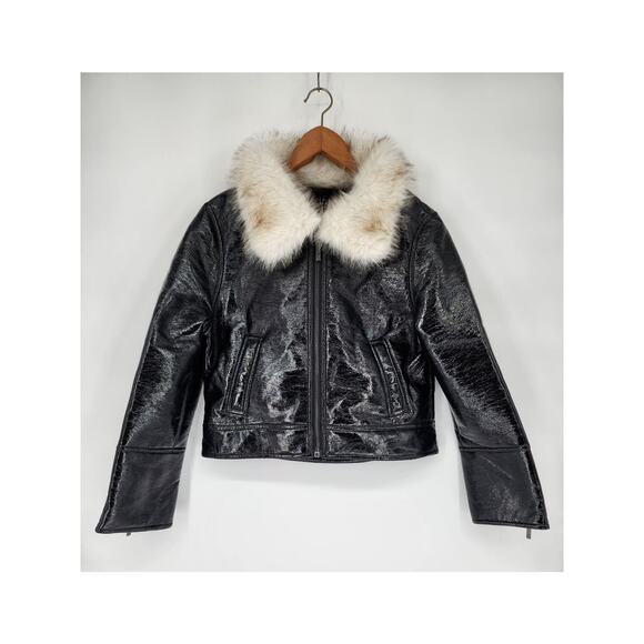 Unreal Fur Wet Look Aviator Jacket in Black XS - Picture 1 of 8